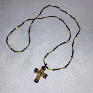 Black and Gold Beaded Cross Necklace